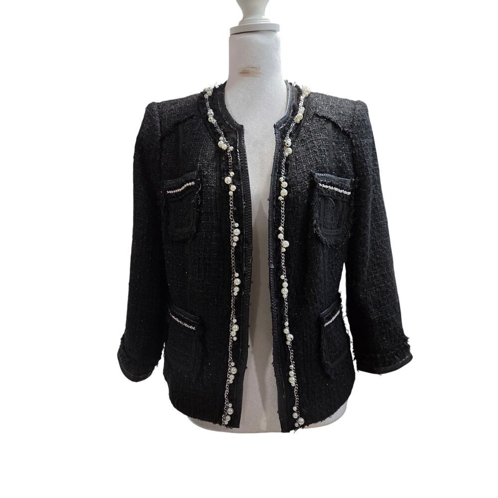 White House Black Market Black Tweed Pearl Chain Jacket